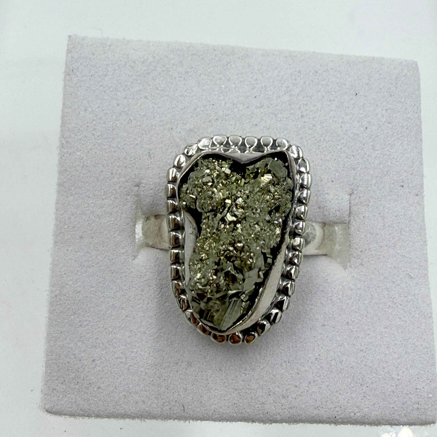 Sterling Silver Bezeled Rough Pyrite Ring - Size 7 - Protective, Abundant & Grounding