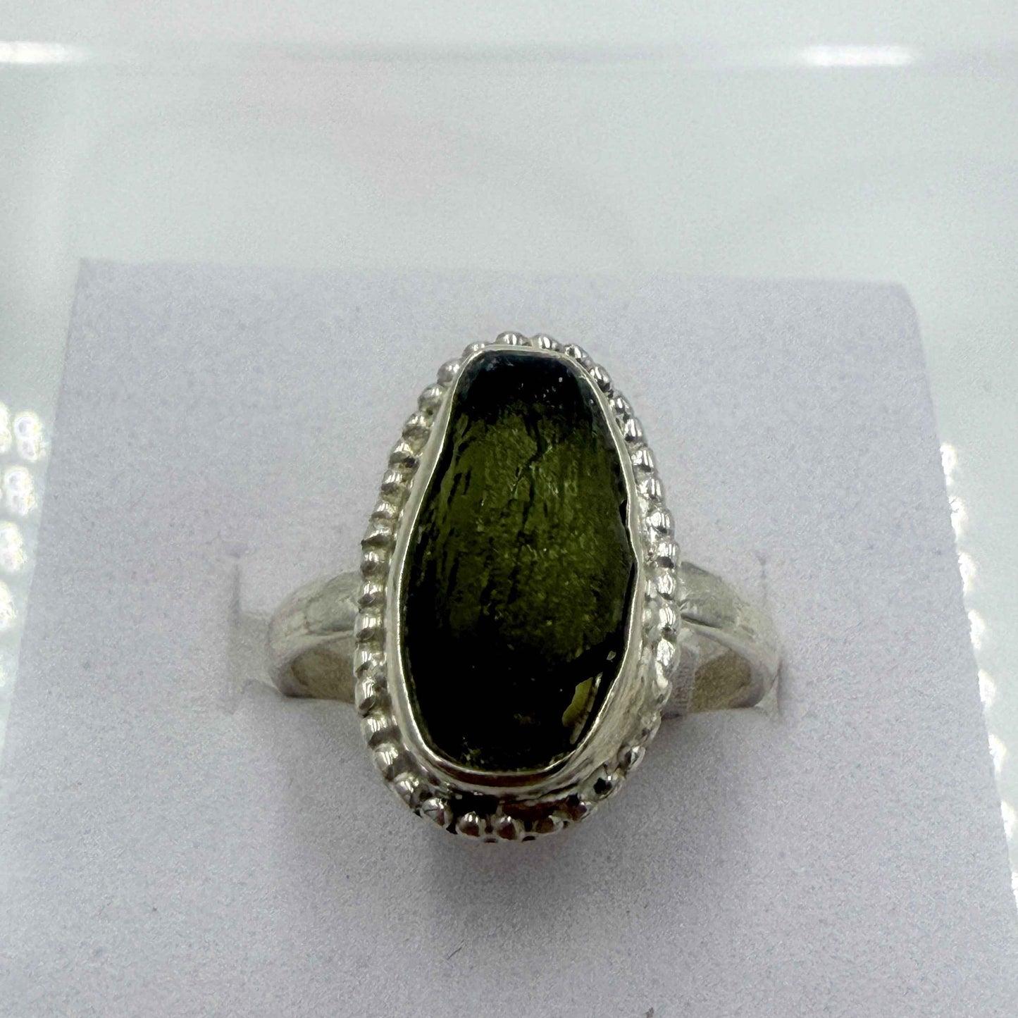 Sterling Silver Bezeled Moldavite Ring - Size 6 - Transformation, Growth & Awakening