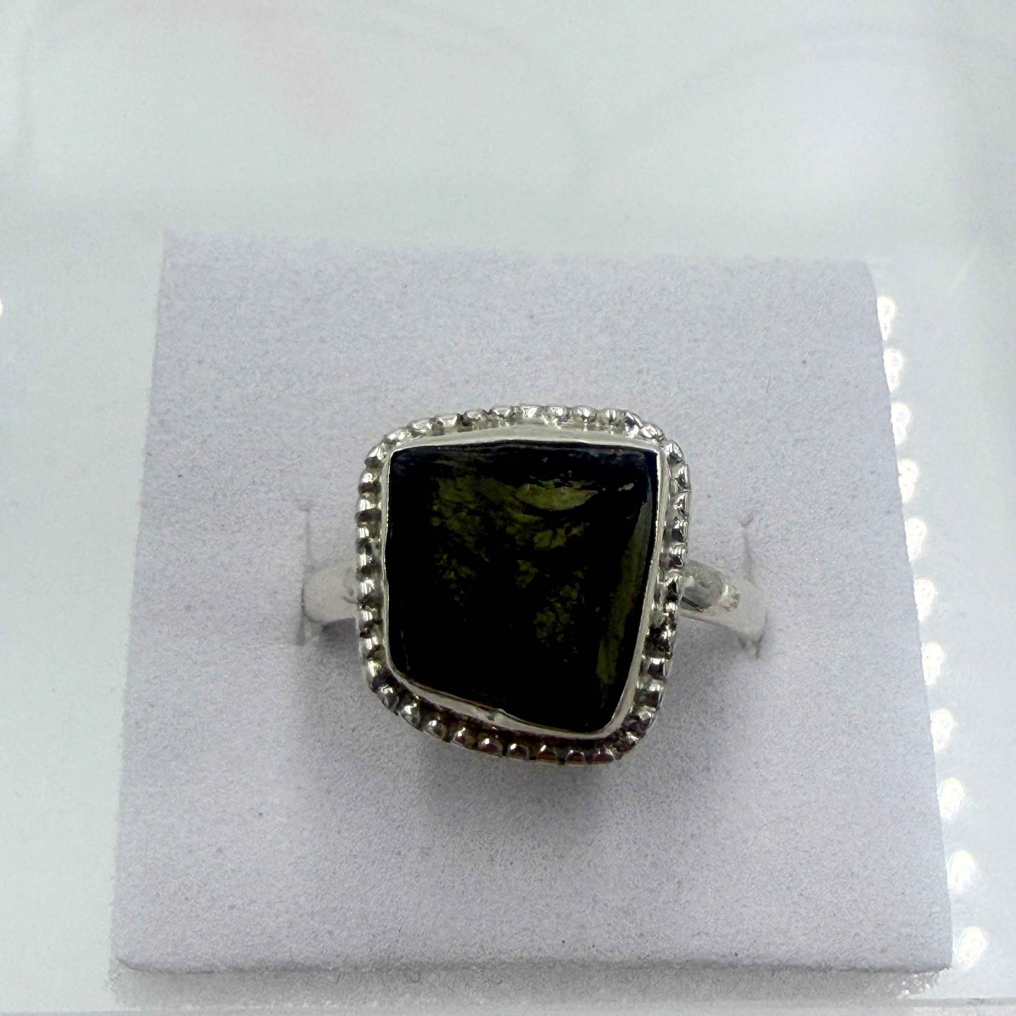 Sterling Silver Bezeled Moldavite Ring - Size 9 - Transformation, Growth & Awakening