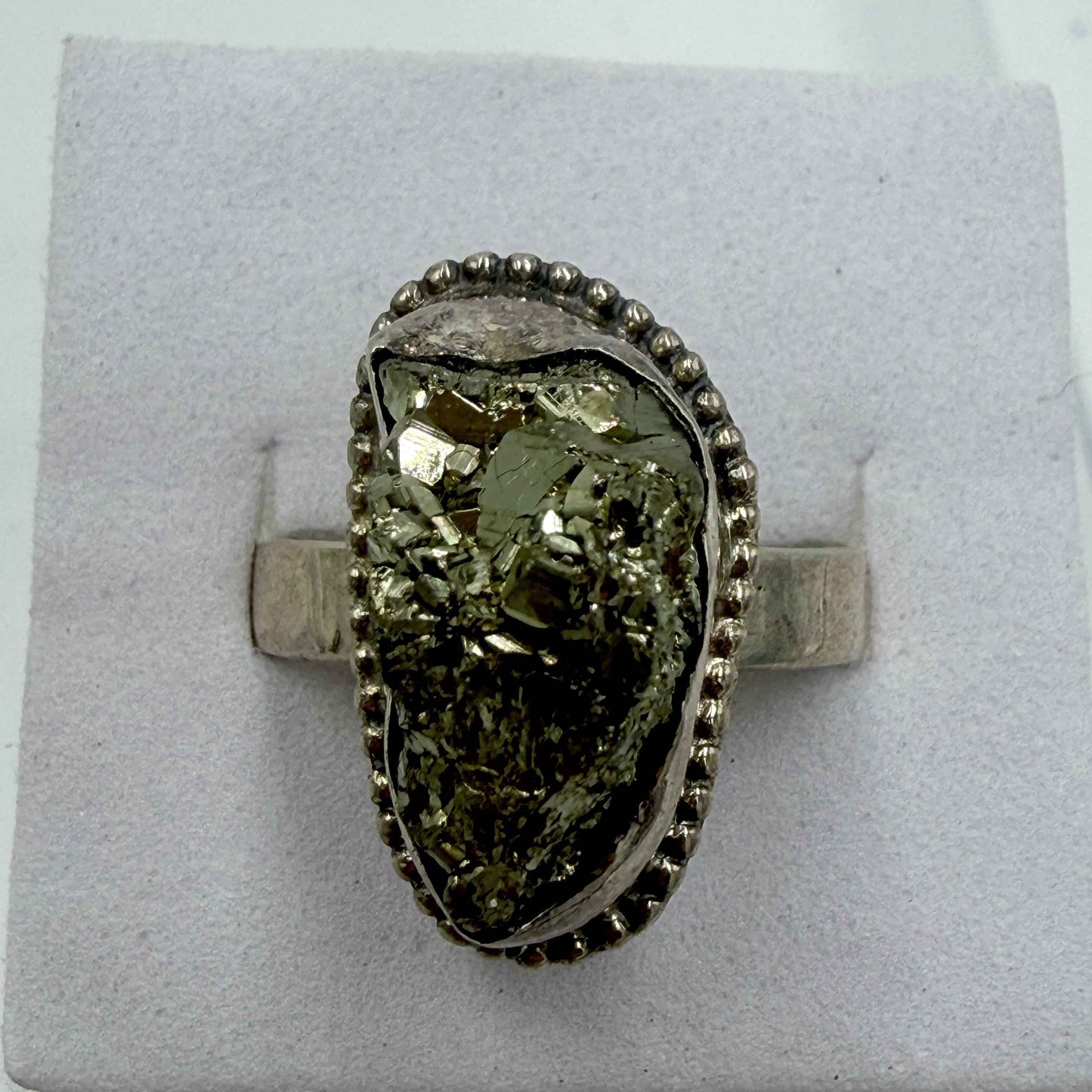 Sterling Silver Oval Pyrite Beaded-Edge Ring – Size 9 – Protection, Confidence & Grounding