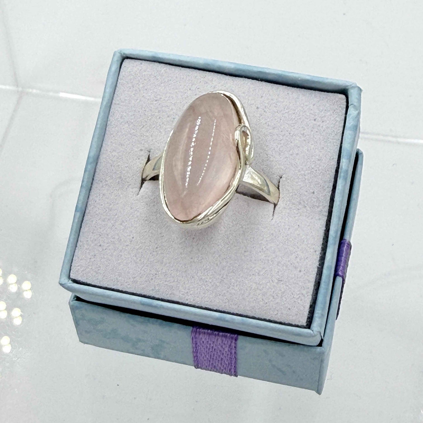 Sterling Silver Flow Banded Oval Rose Quartz - Size 10 - Loving, Soothing & Heart Opening