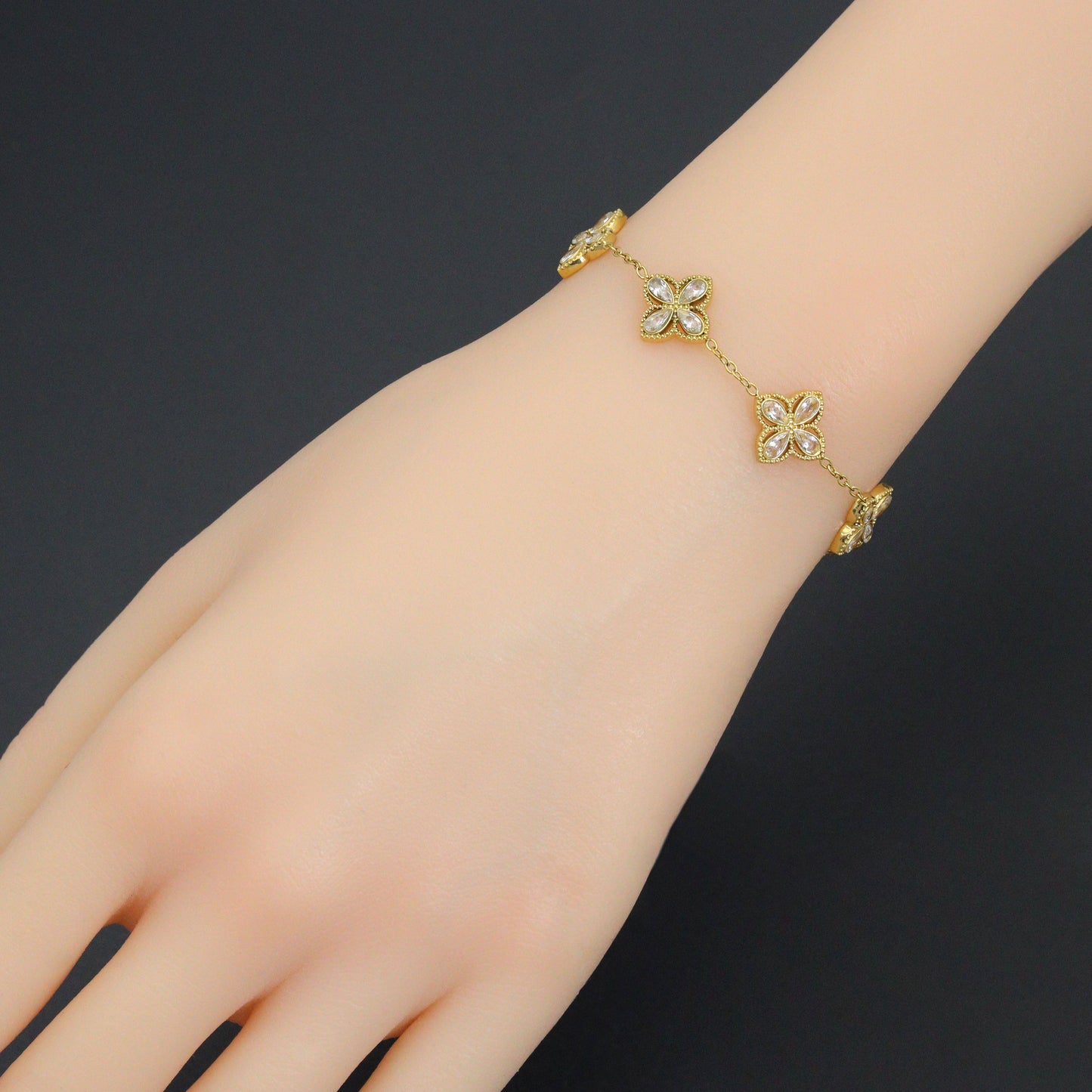 Clear CZ Gold Flower Link Chain Adjustable Bracelet, Sku#BXG20