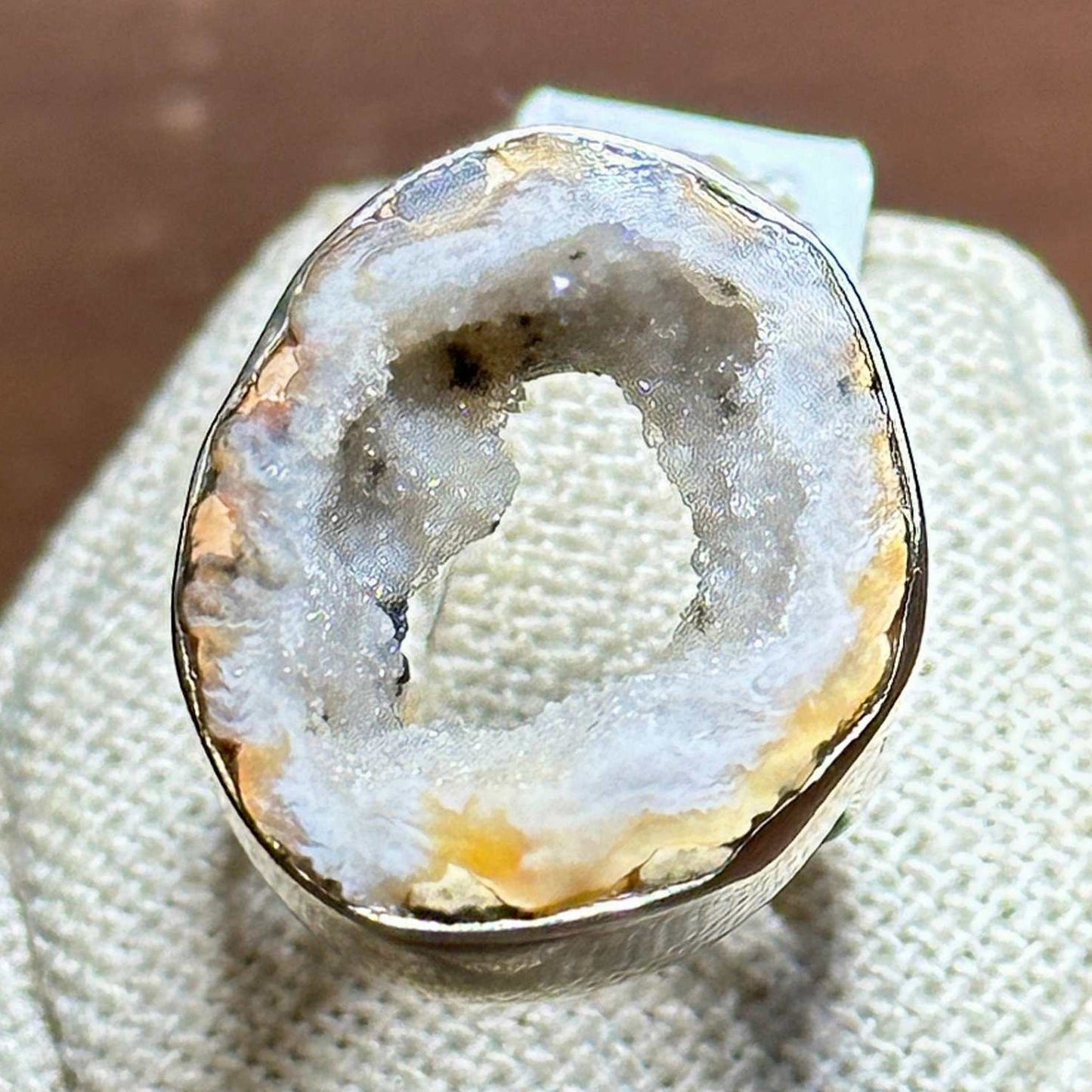Honey Gray Agate Geode Slice Ring – Sterling Silver – Size 7