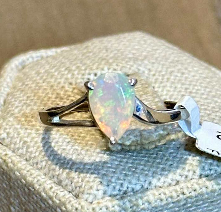 Ethiopian Opal Pear Bypass Ring – Sterling Silver – Size 6–9