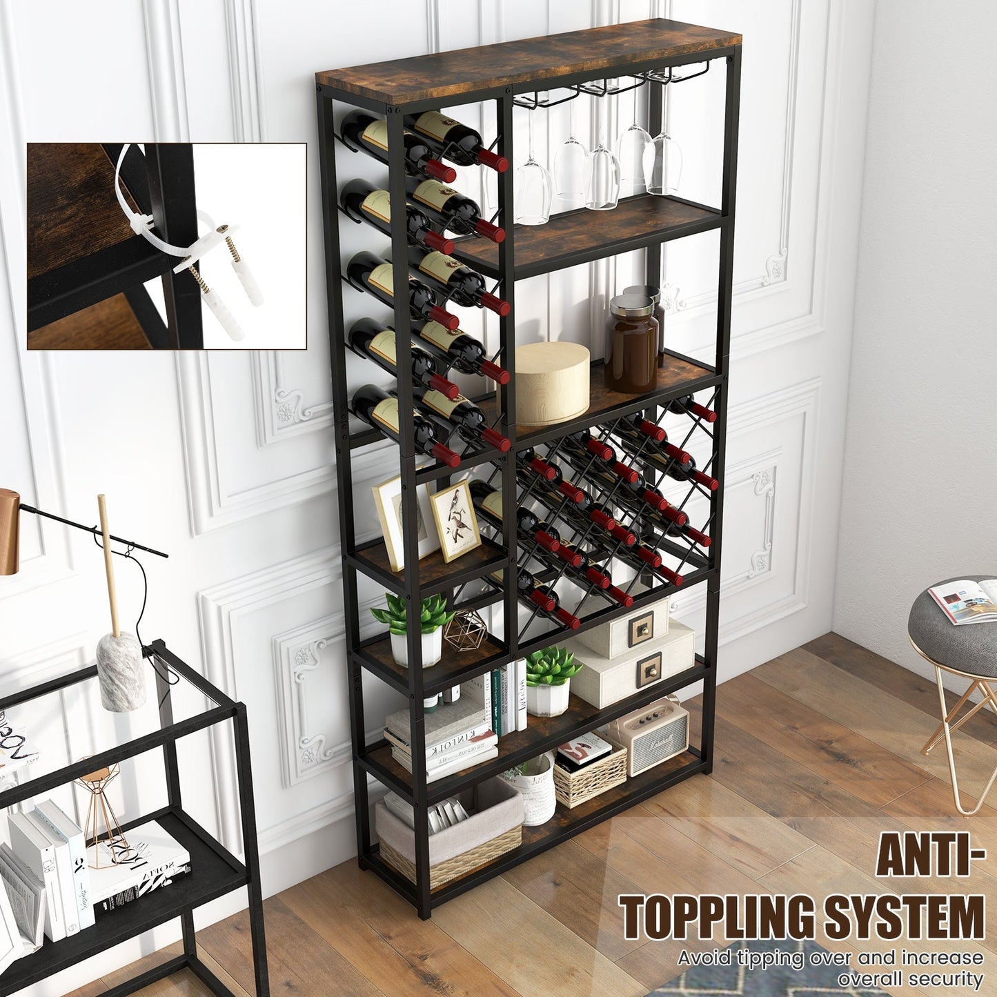 Industrial Floor Wine Rack with 3 Rows of Stemware Racks