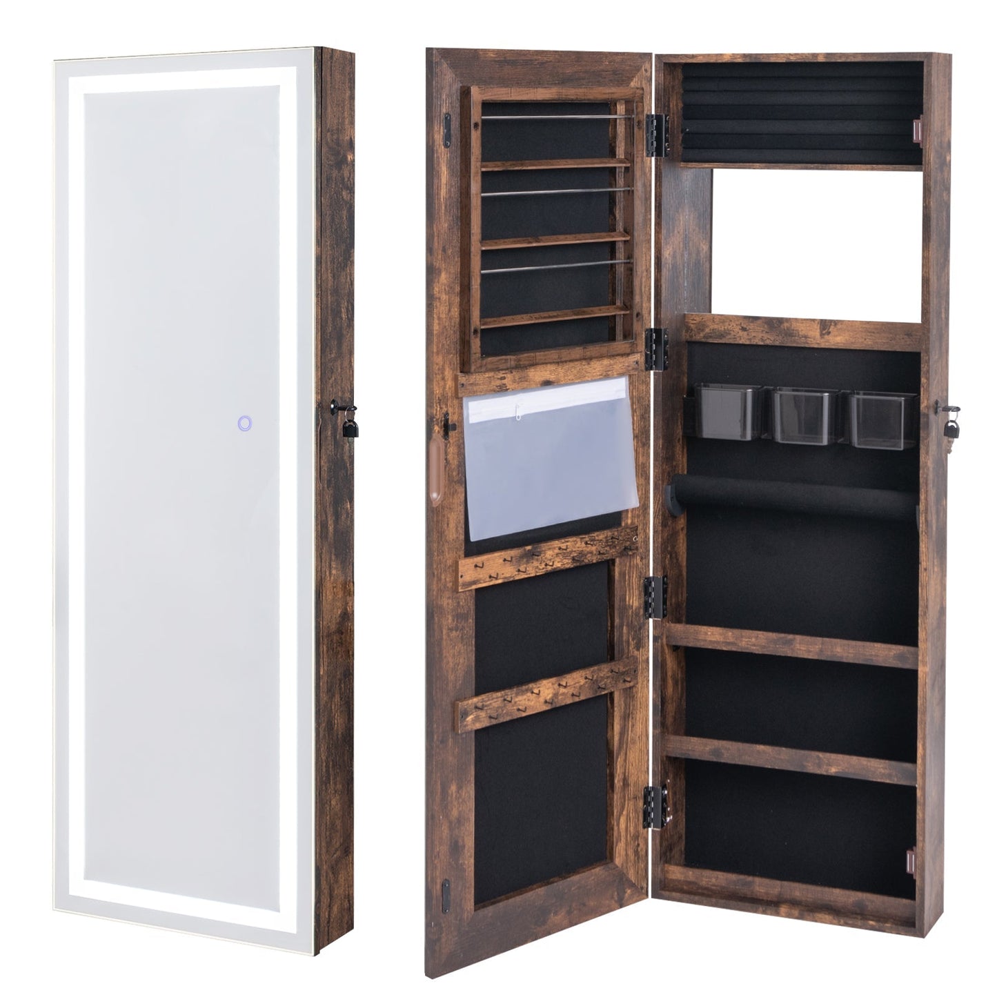 Mirrored Jewelry Armoire with Full Length Mirror and 2 Internal LED Lights