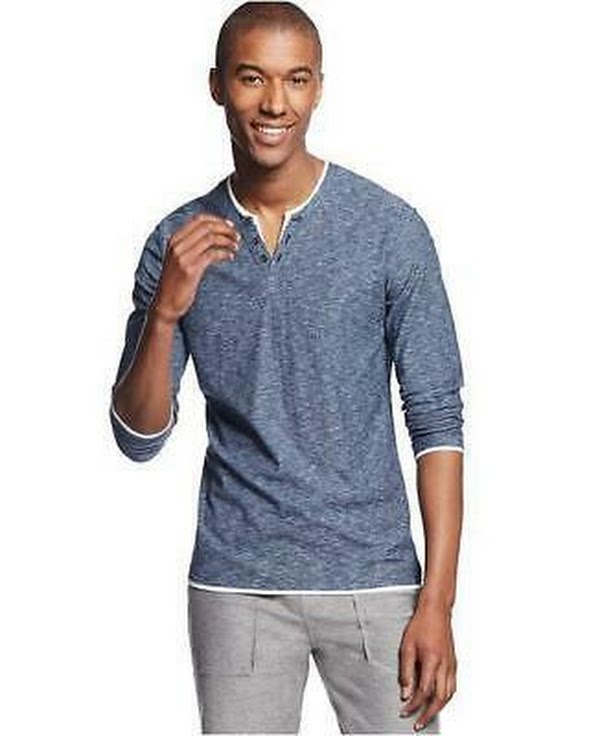 INC International Concepts Mens Long-Sleeve Split-Neck T-Shirt, Blue, SZ XXL