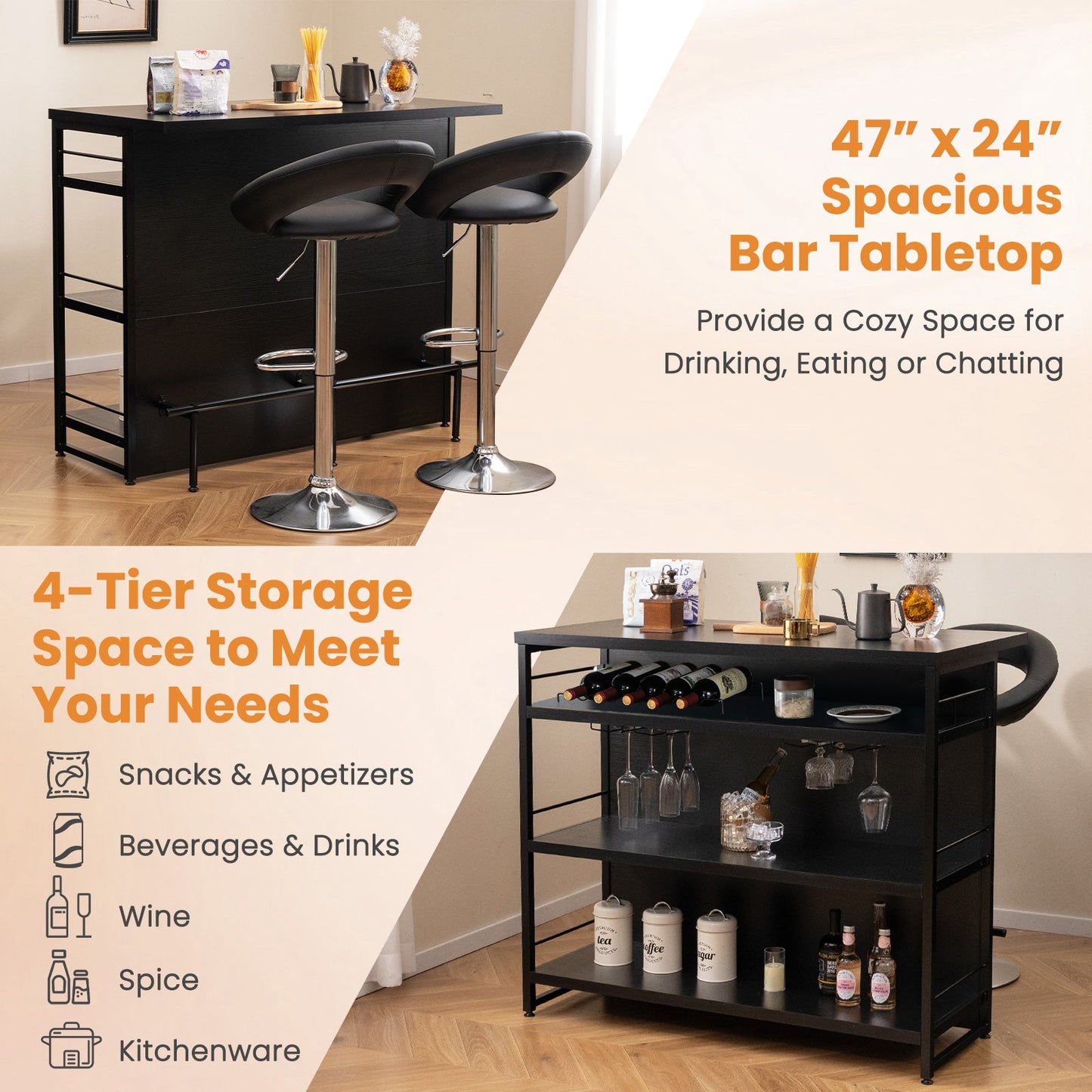 Kitchen Island with 4-Tier Storage Shelf and Long Footrest for Home