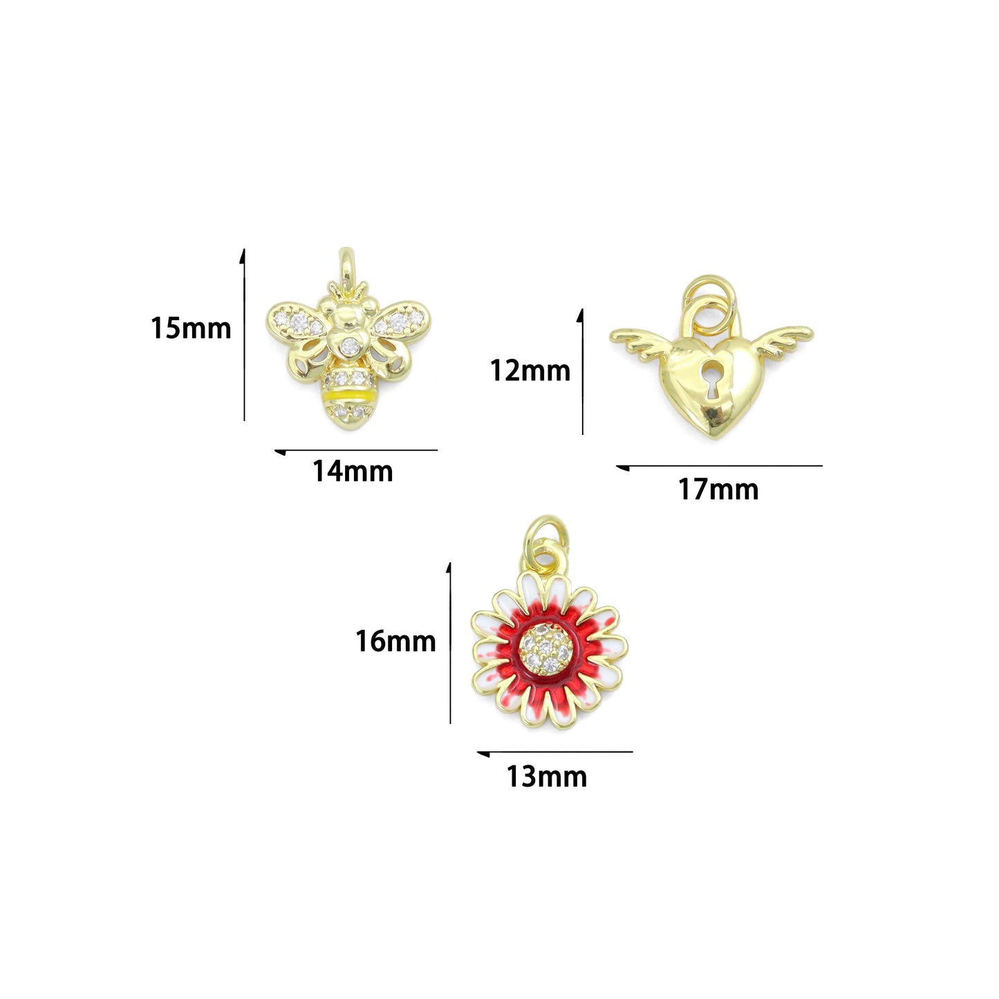 Colorful Enamel Bee Wing Heart Daisy Flower Shape Charm Pendant, Sku#LD755