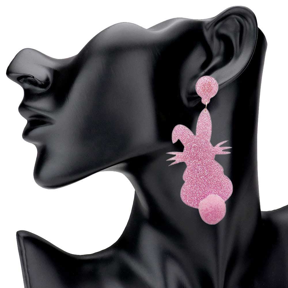 Glittered Resin Easter Bunny Pom Pom Tail Dangle Earrings