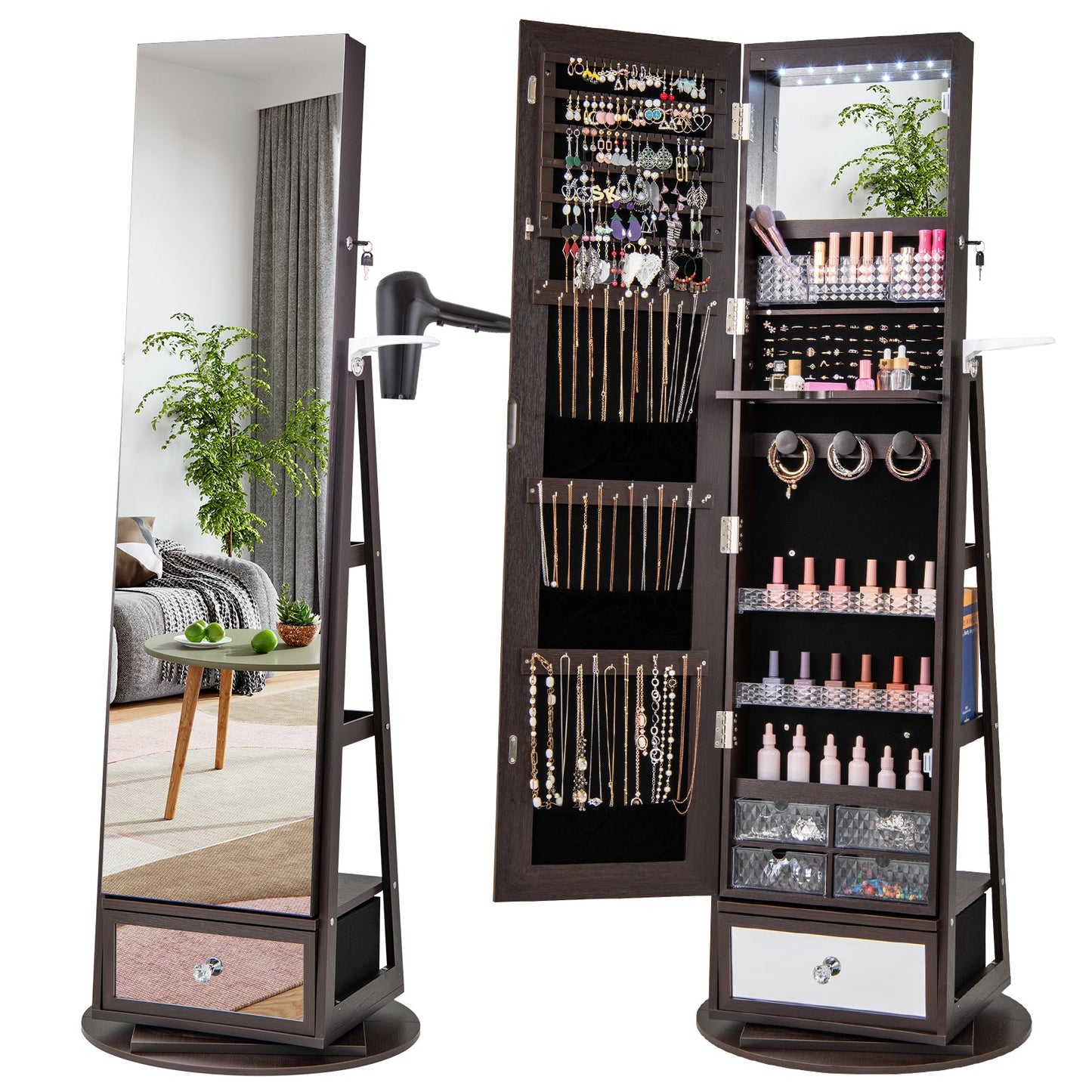 Lockable 360° Swivel Jewelry Cabinet with Full-Length Mirror LED Lights
