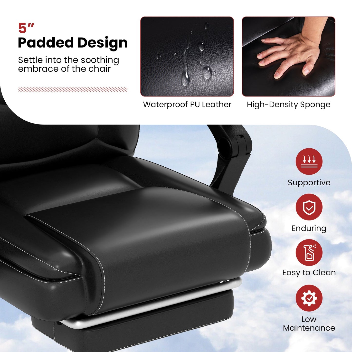 Massage Adjustable Executive Chair with Armrests and Retractable Footrest-Black
