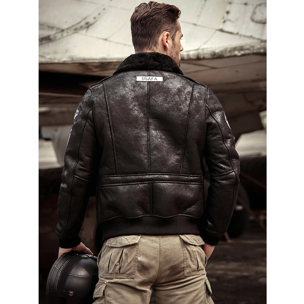 Men’s RAF B3 Sheepskin Suede Black Leather Shearling Bomber Jacket