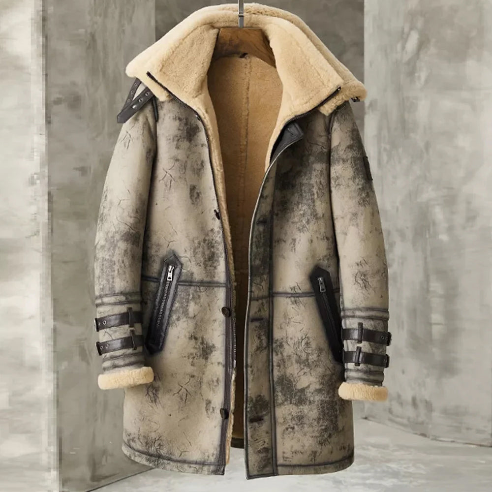 Mens Waxed B3 RAF Flying Double Collar Sheepskin Shearling Leather Long Jacket Coat