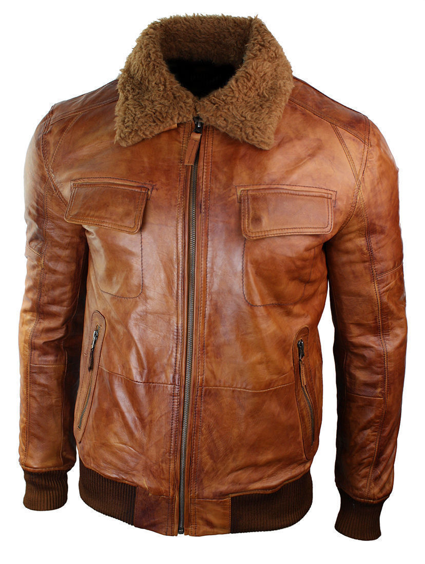 Men’s B3 Bomber Rust Tan Brown Fur Collar Aviator Pilot Leather Jacket