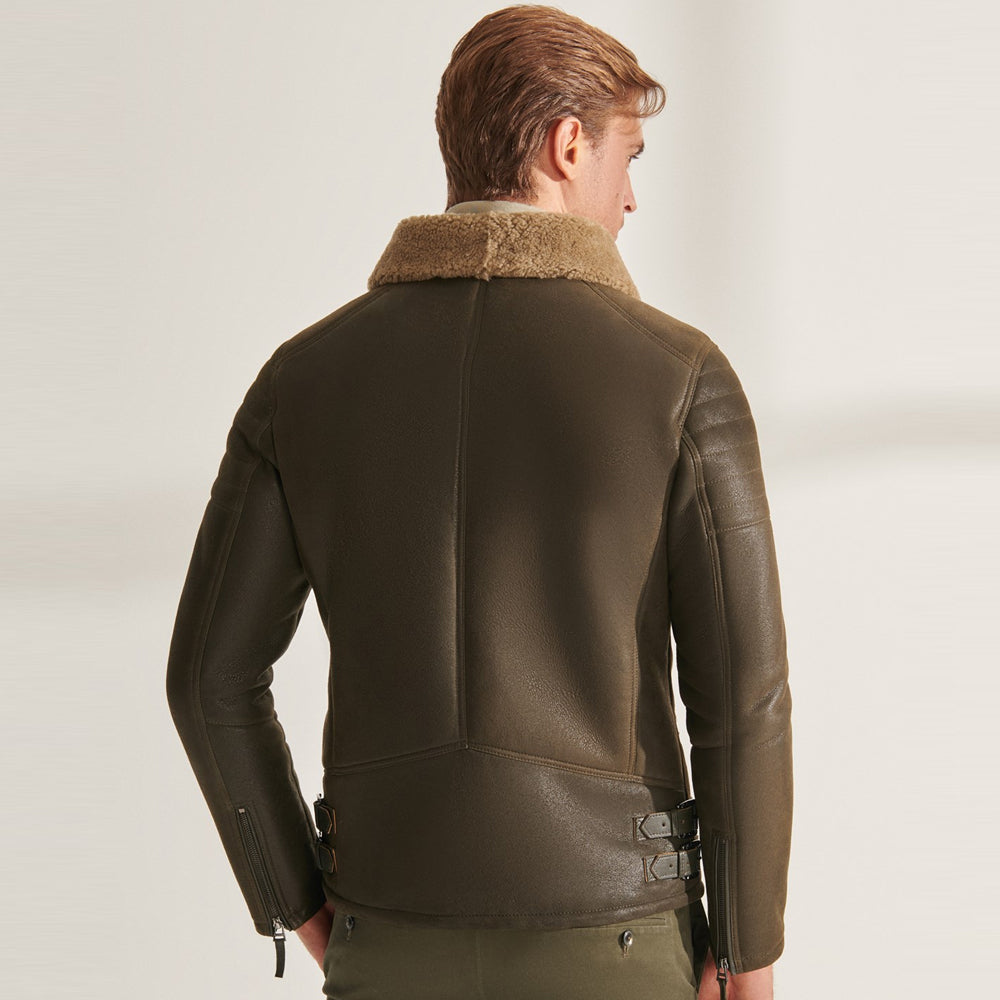 Men’s Green RAF Shearling Airforce Sheepskin Aviator Leather Jacket
