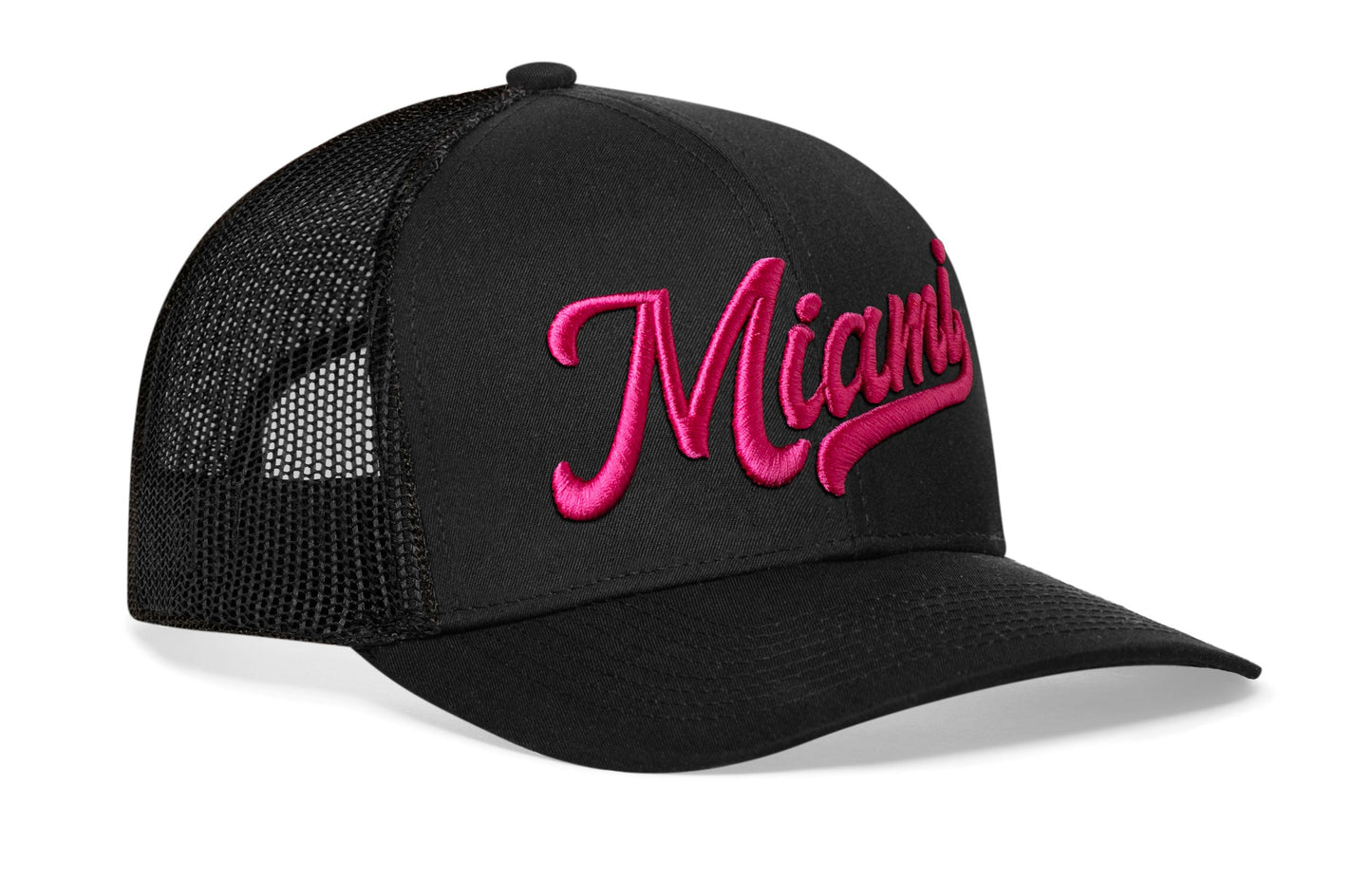 Miami Hot Pink Script Trucker Hat | Florida Snapback