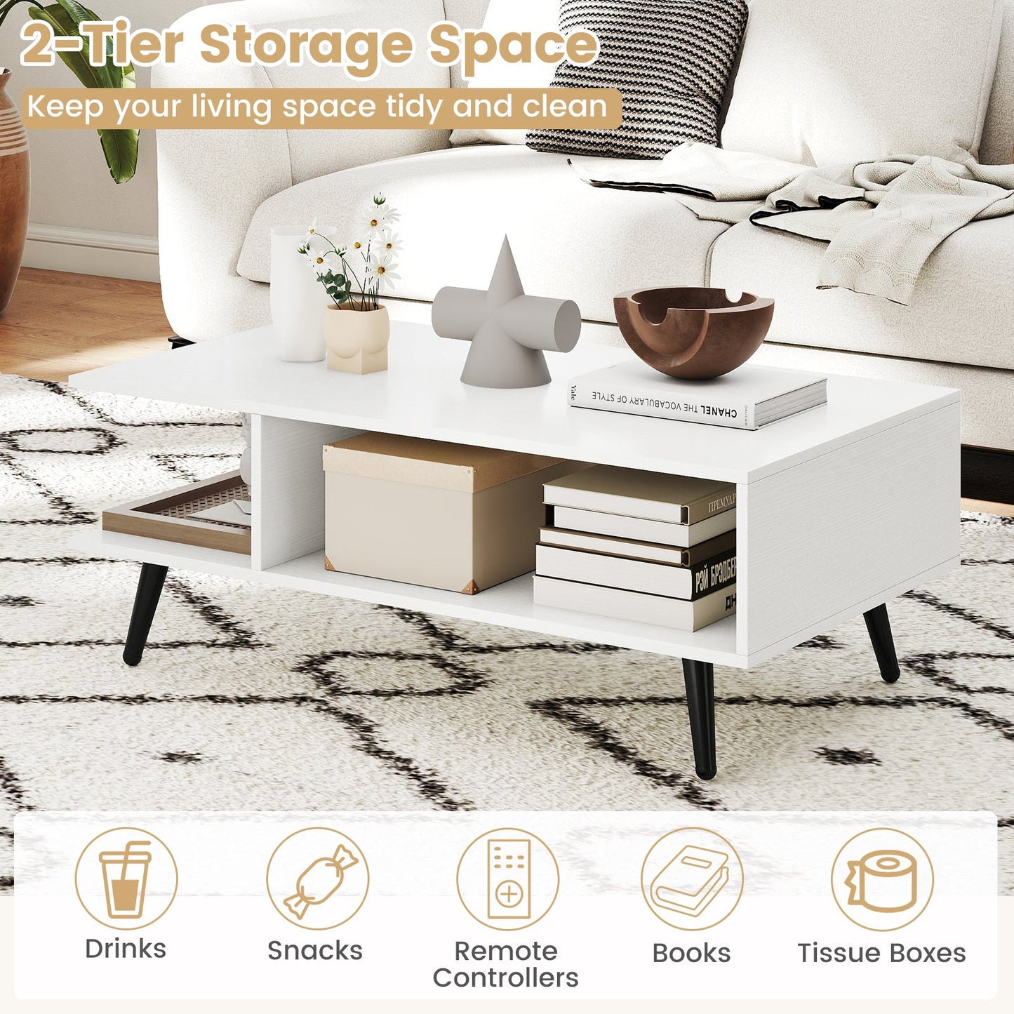 Mid Century Modern Rectangle Coffee Table 2-Tier Accent Table with 2 Open Compartments