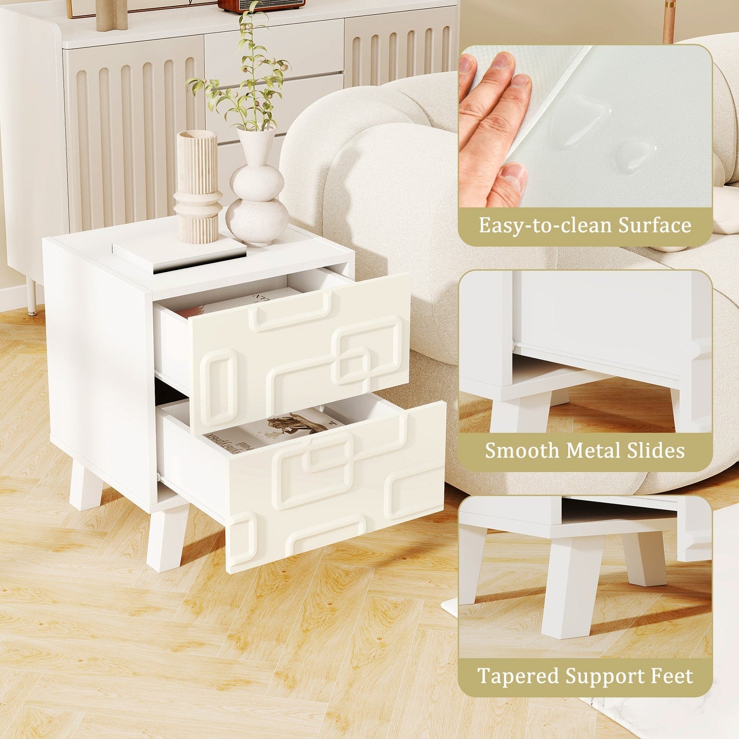 Modern Nightstand Side Table with Drawers and 3D Geometric Patterns-White
