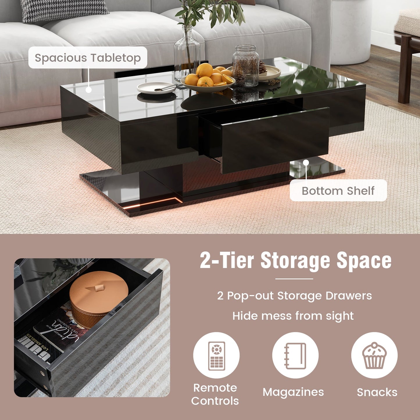 Modern LED Coffee Table with 20 Color LED Lights and 2 Storage Drawers