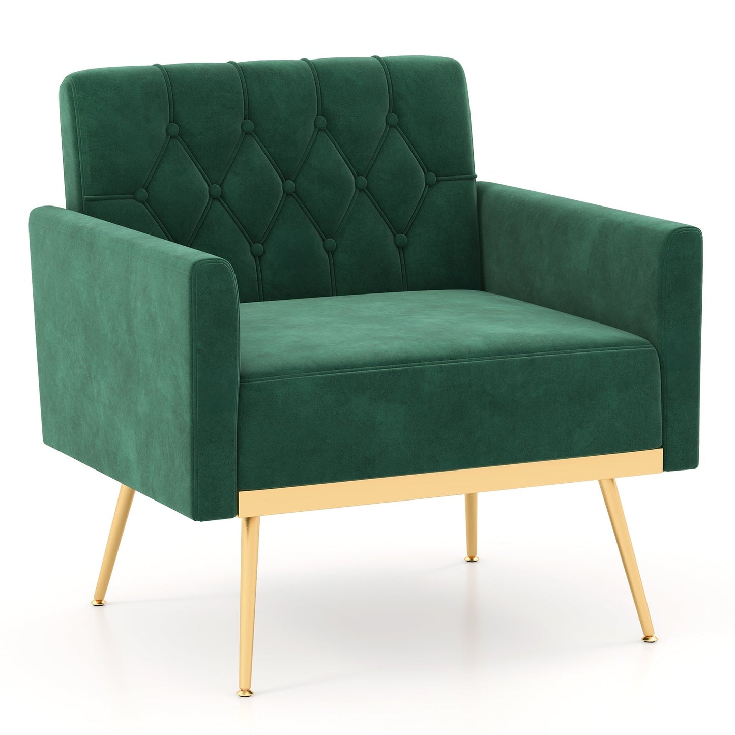 Modern Velvet Accent Chair with Button Tufted Back Golden Metal Legs and Adjustable Foot Pads