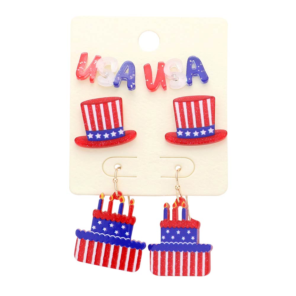 3Pairs American USA Flag Message Hat Cake Earrings