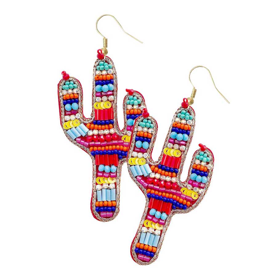 Felt Back Multi Beaded Cactus Dangle Earrings