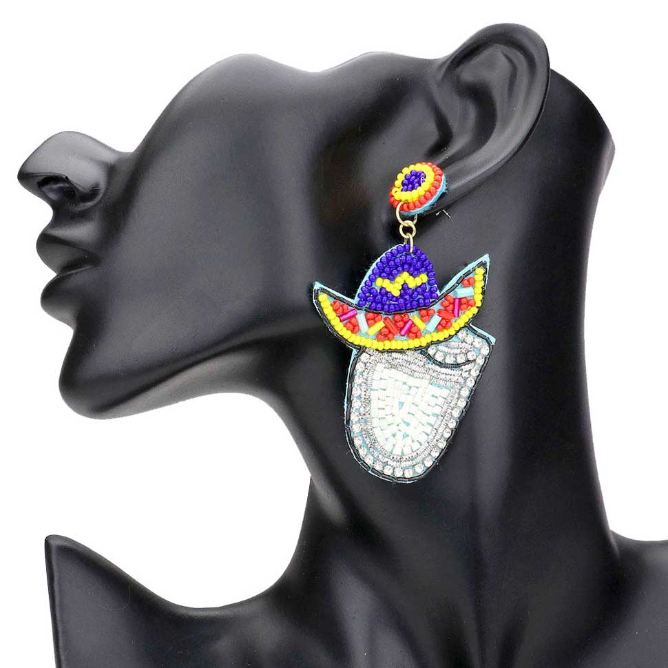 Felt Back Seed Beaded Cowboy Hat Accented Dangle Earrings
