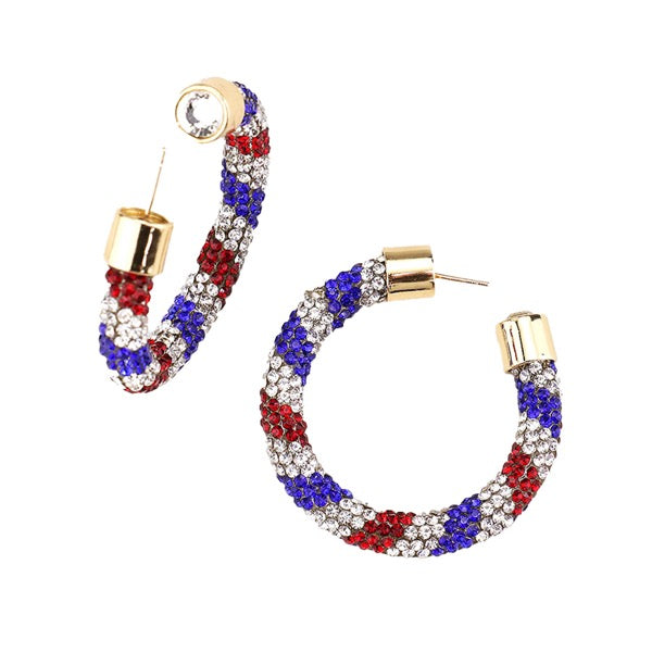 Rhinestone Detail Clear Stone Pave USA Flag Half Hoop Earrings Patriotic Earrings Rhinestone Hoop Earrings