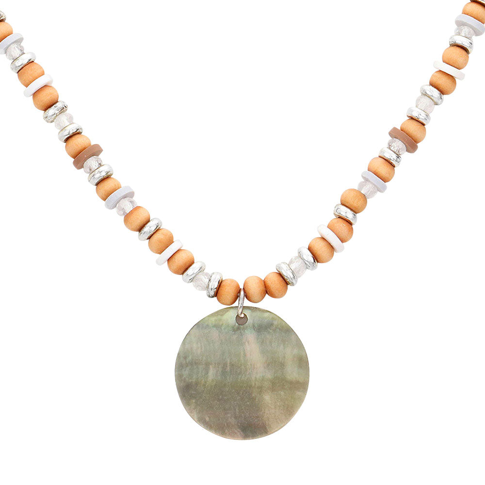 Wood Heishi Beaded Abalone Pendant Necklace