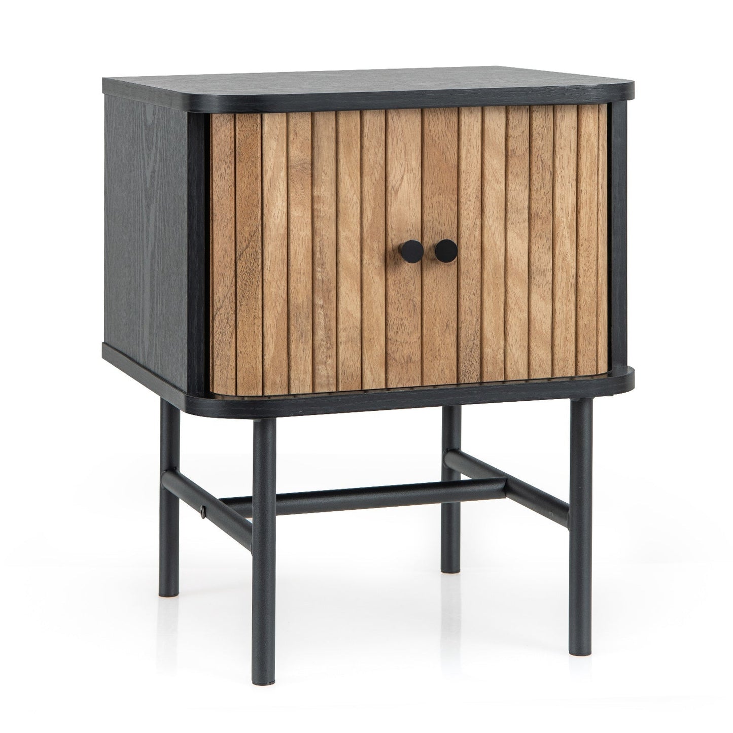 Mid-century Modern Nightstand with Sliding Doors and Storage Cabinet