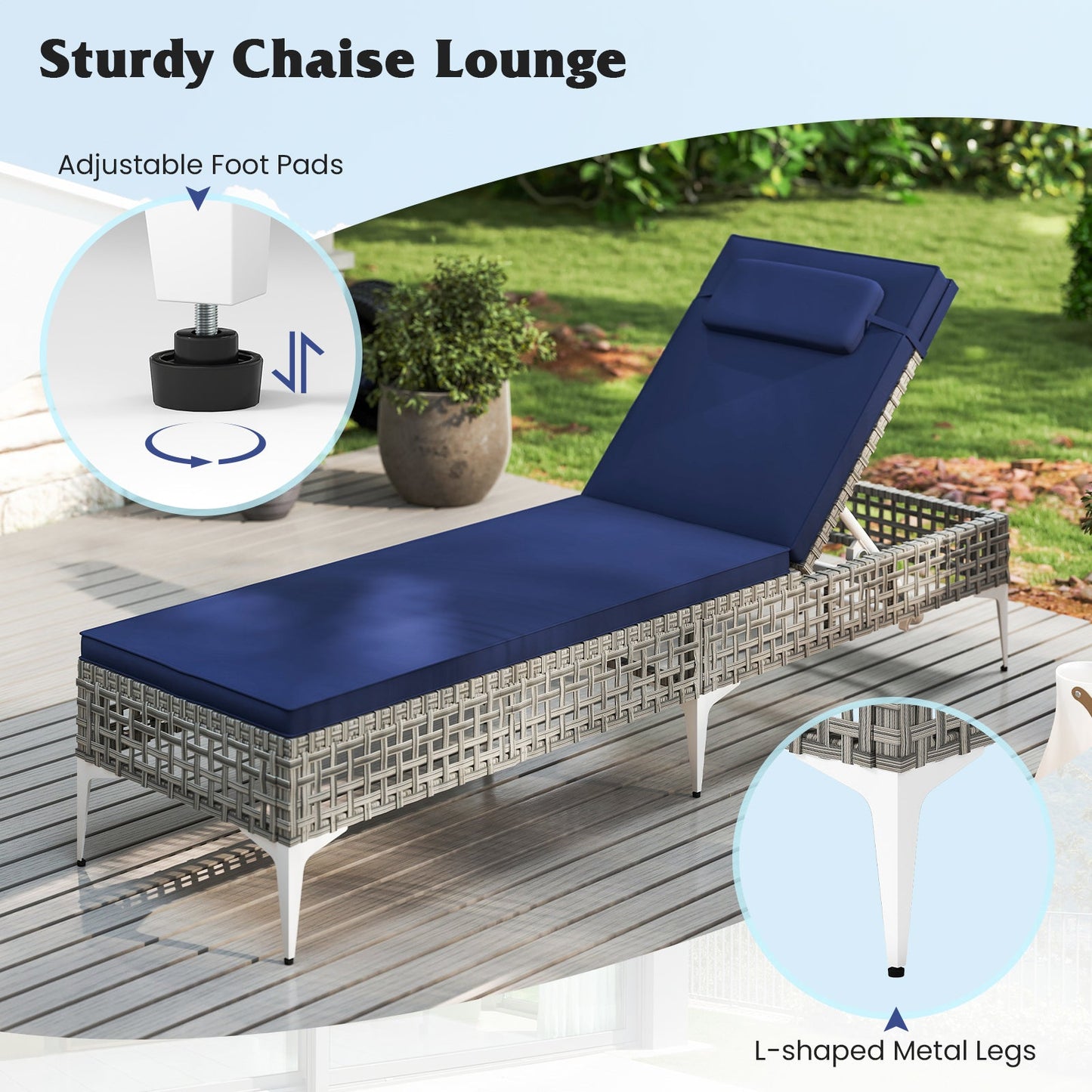 Patio Chaise Lounge Chair with 6-Level Adjustable Backrest and Headrest for Poolside-Navy