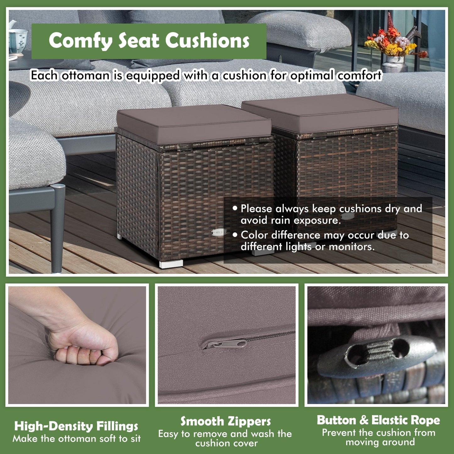 2 Pieces Patio Ottoman with Removable Cushions-Gray