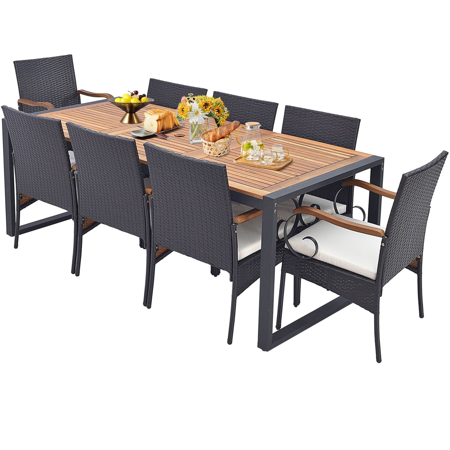 9 Pieces Patio Rattan Dining Set with Acacia Wood Table for Backyard Garden