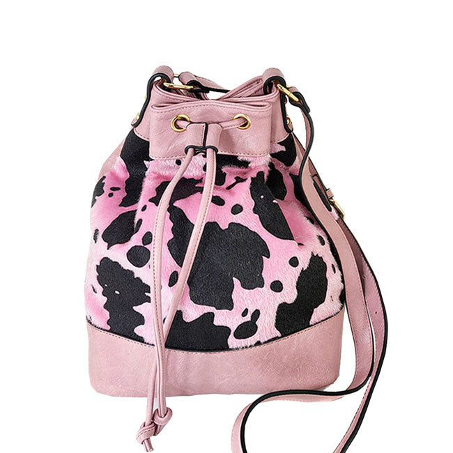 Cow Patterned Faux Leather Drawstring Crossbody Bag