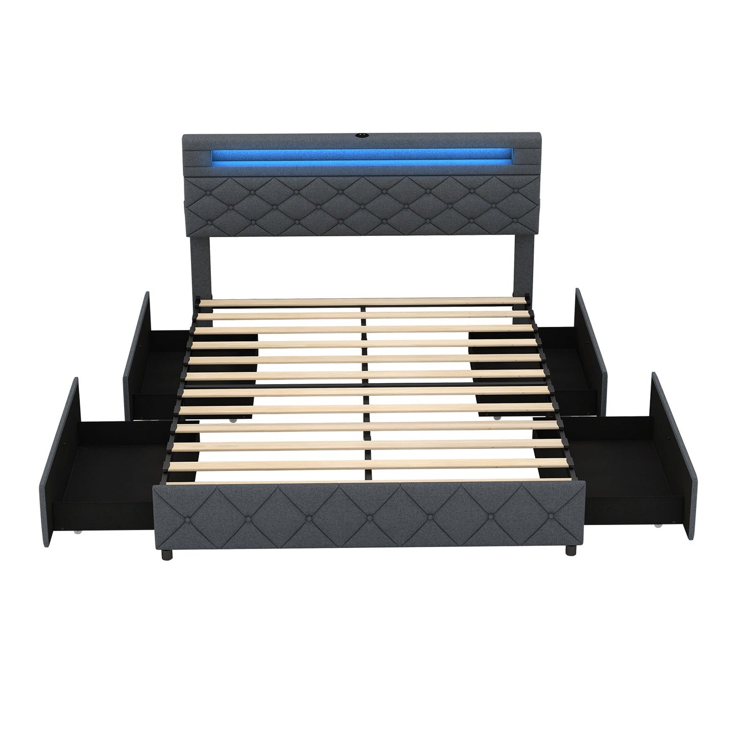 Full/Queen Size Bed Frame with Adjustable Storage Headboard and Wooden Slat Support