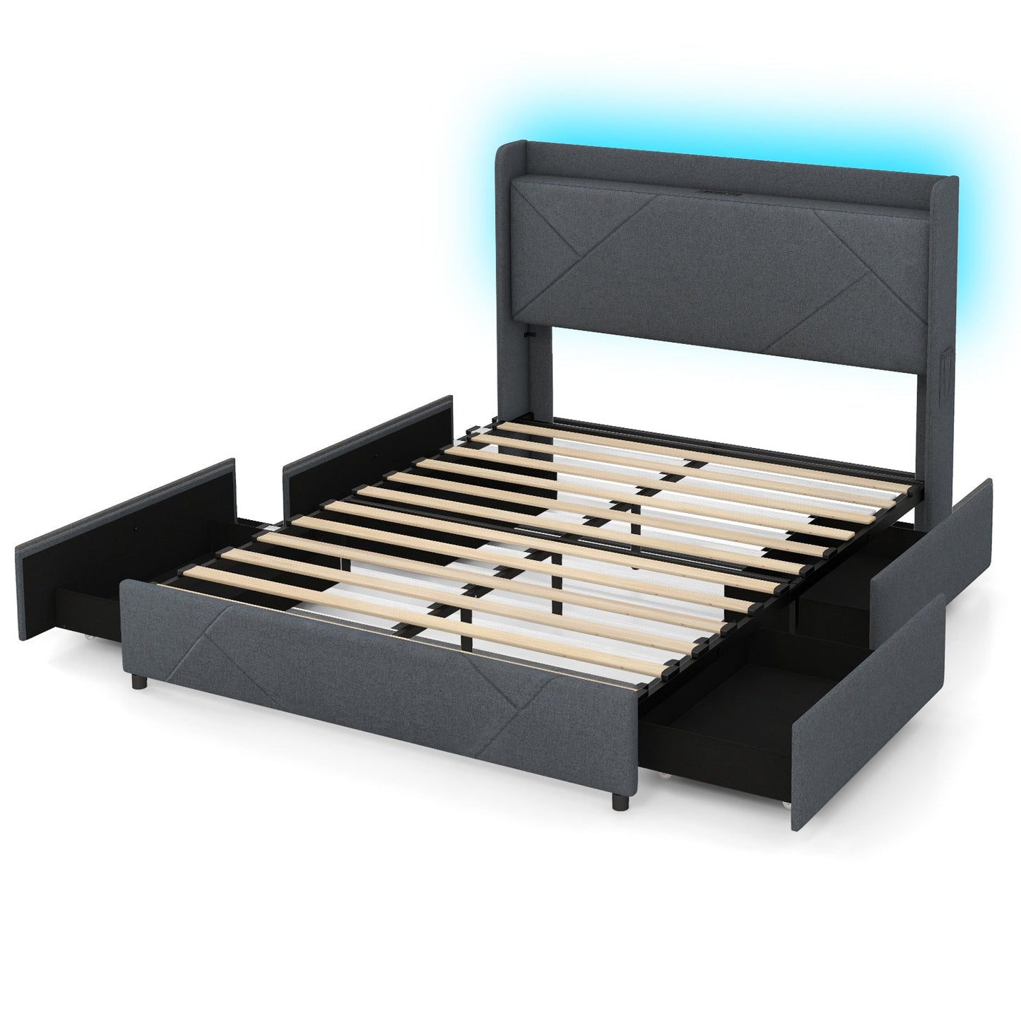 Full/Queen Size Bed Frame with LED Lights and Charging Station