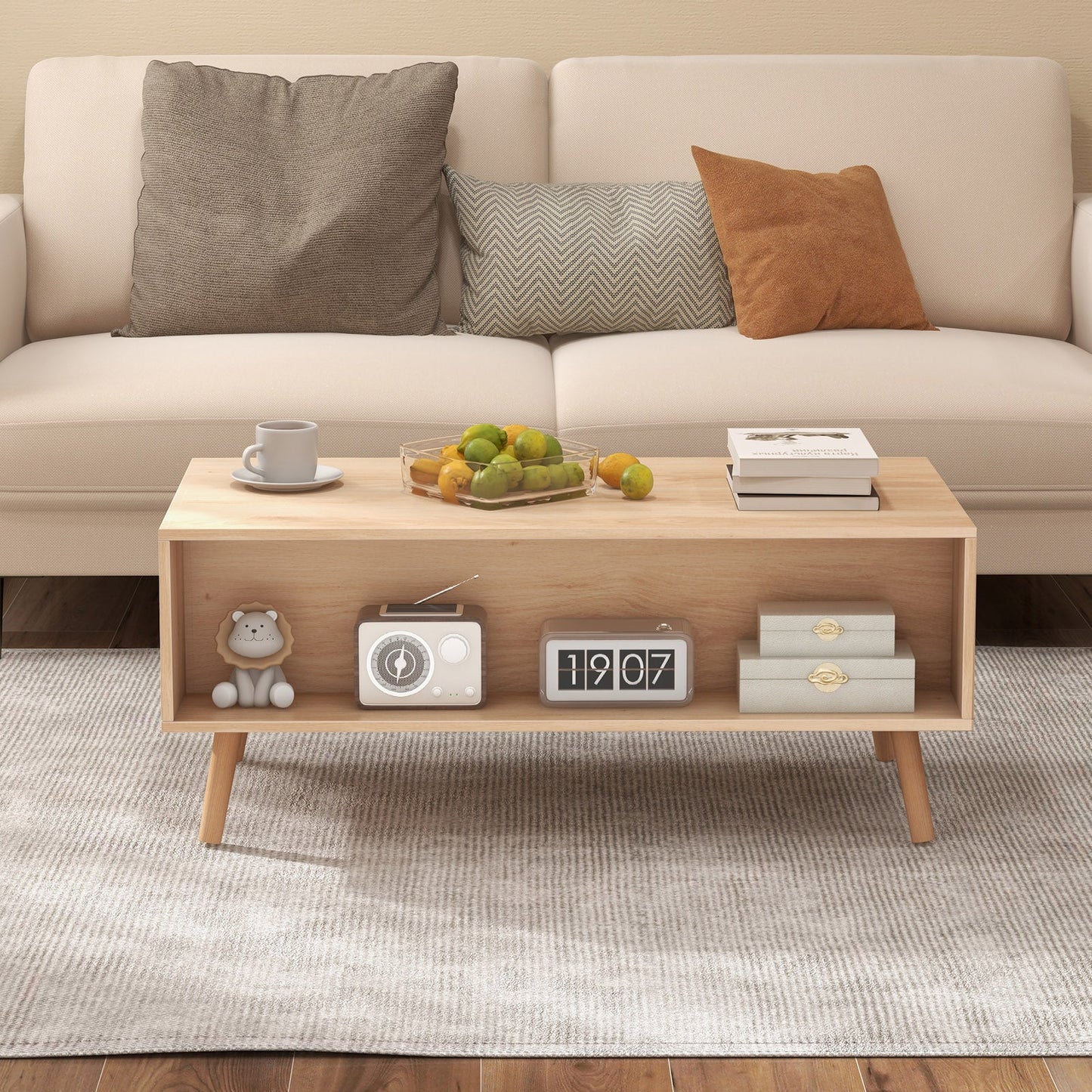 Rattan Coffee Table Mid Century Modern Center Table with 2 Storage Drawers-Natural
