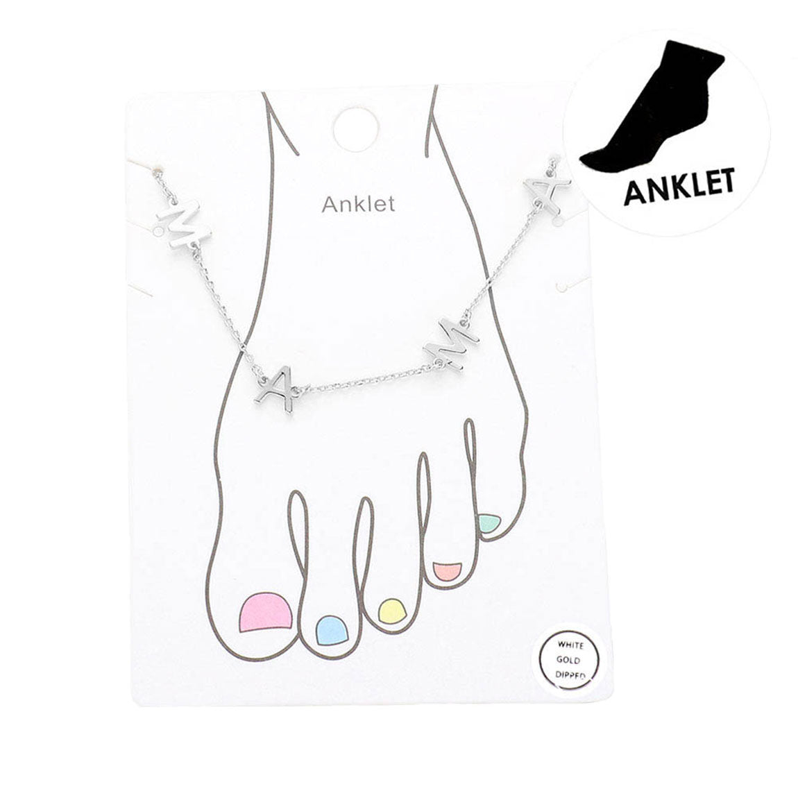 White Gold Dipped Mama Metal Charm Message Anklet
