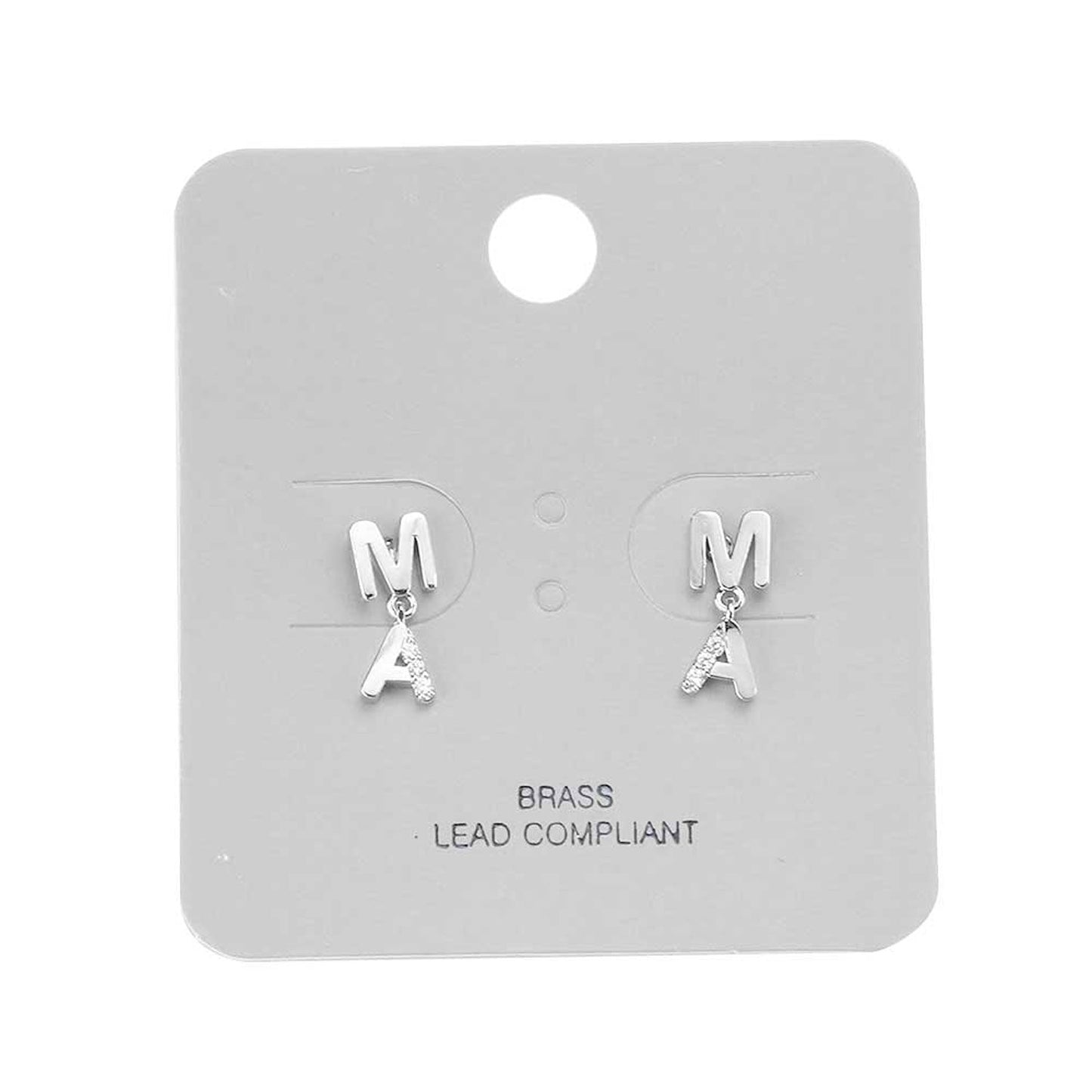 Brass Metal Rhinestone Embellished MAMA Stud Dangle Earrings
