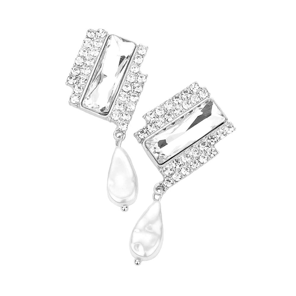 Rectangle Stone Freshwater Pearl Dangle Evening Earrings