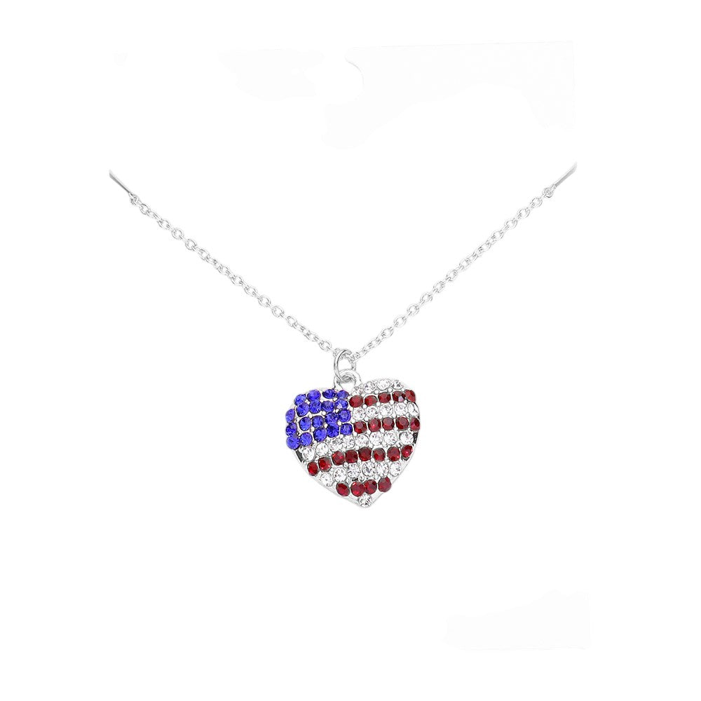Rhinestone Embellished American USA Flag Pendant Necklace