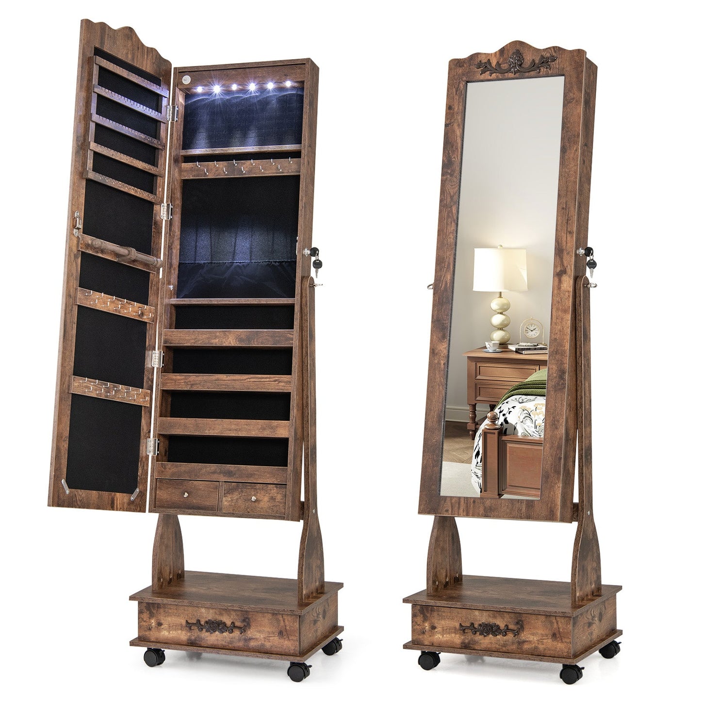 Rolling Floor Standing Mirrored Jewelry Armoire with Lock and Drawers