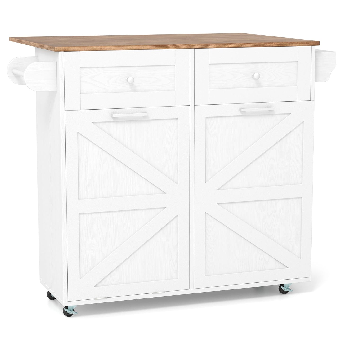 Rolling Kitchen Island with Trash Can Cabinet and Rubber Universal Wheels