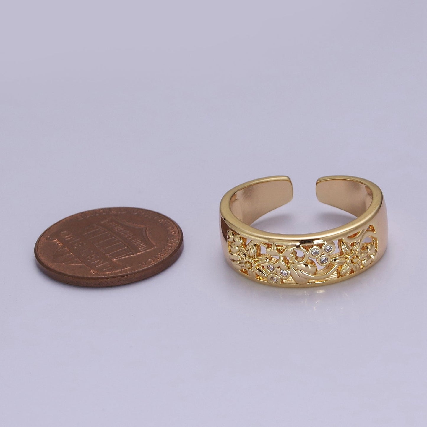 Dainty Art Deco Ring Flower Carved Design 18k Gold Filled Open Adjustable Ring O-2078