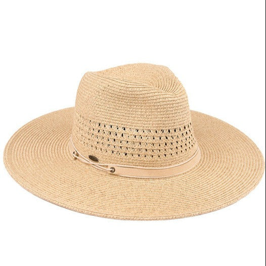 C.C Women's Faux Leather String Paper Straw Panama Hat Sun