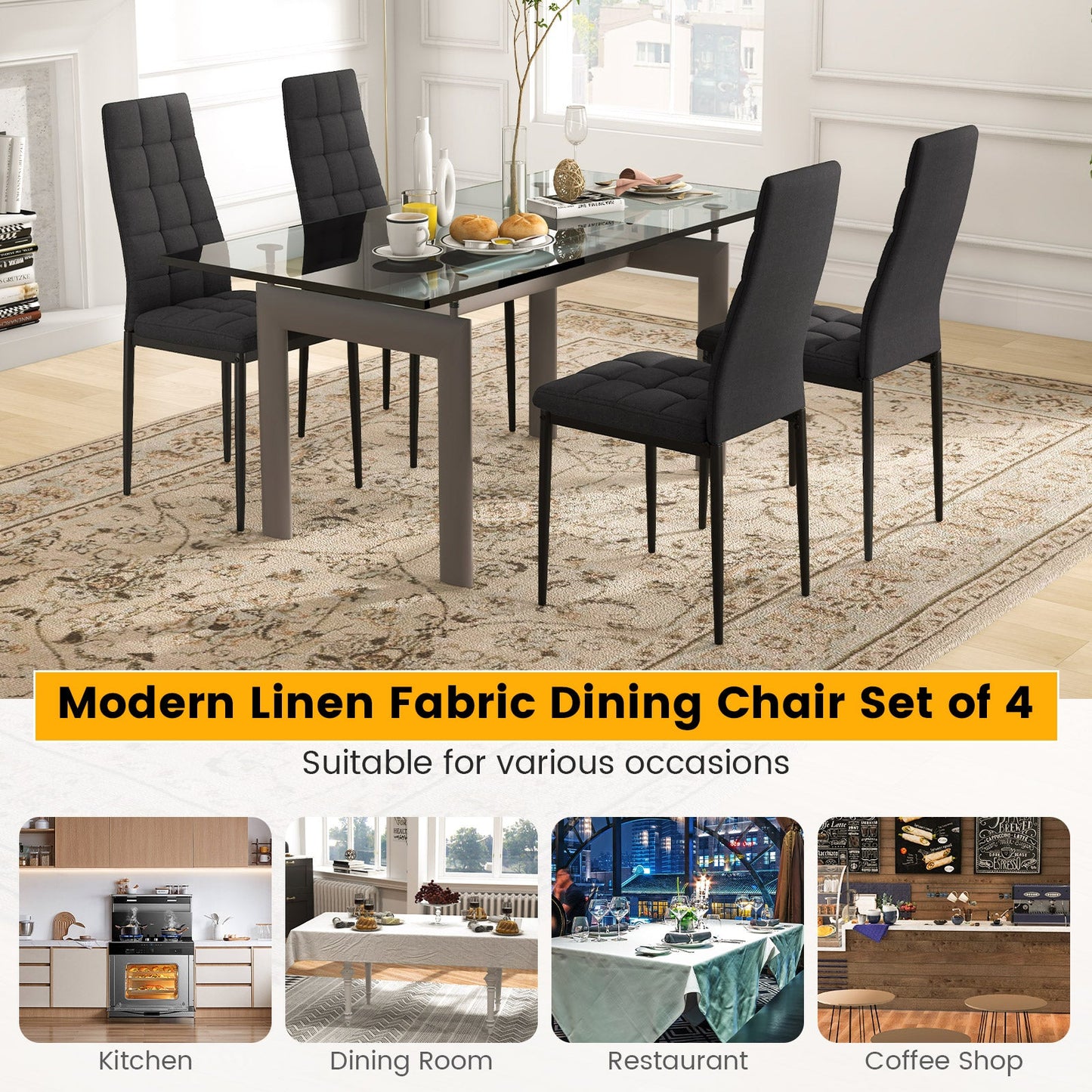 Set of 4 Fabric Dining Chairs Set with Upholstered Cushion and High Back