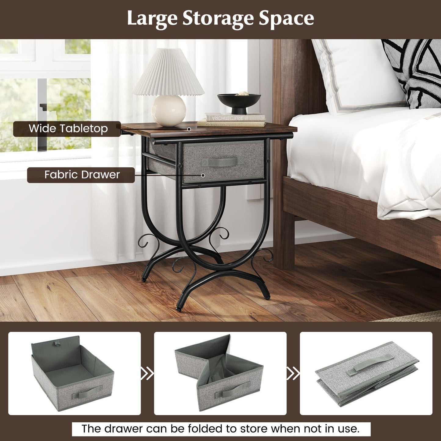 Side Table with Fabric Drawer and Carved Metal Frame for Living Room