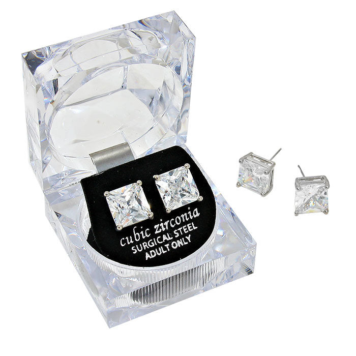 Women's 10mm Square Crystal Cubic Zirconia Stud Earrings in Clear Gift Box - Ready to