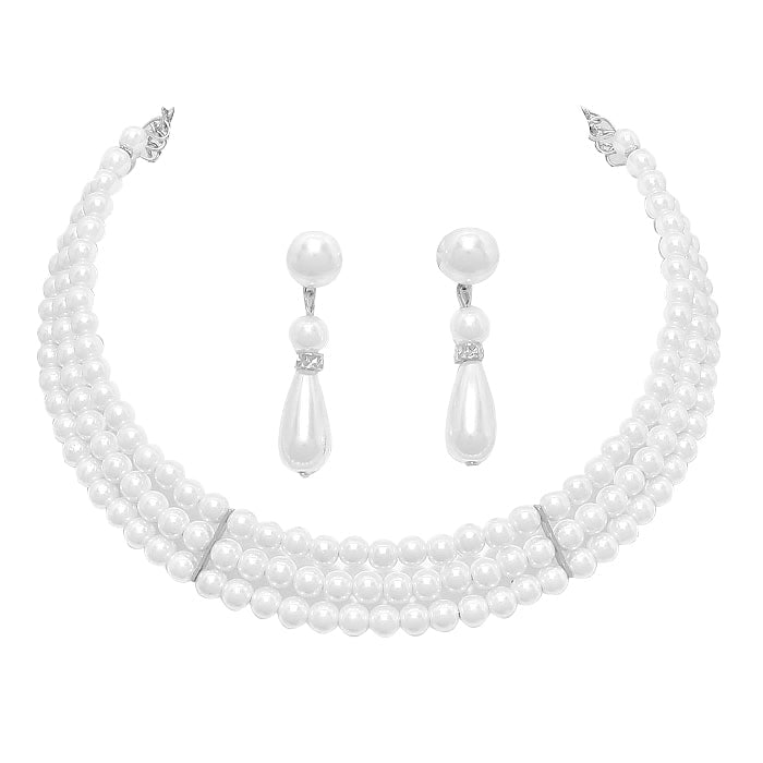 3 Row Pearl Necklace Earring Set
